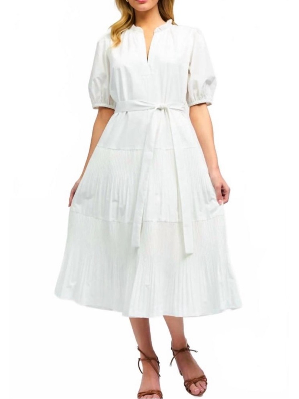 Current Air White Midi Tie-Waist Tiered Dress